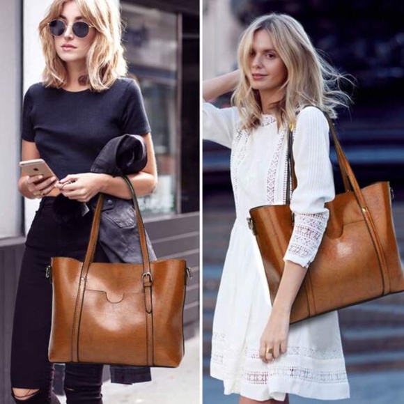 Classic Vegan Leather Tote Shoulder Bag - Picture 4 of 8